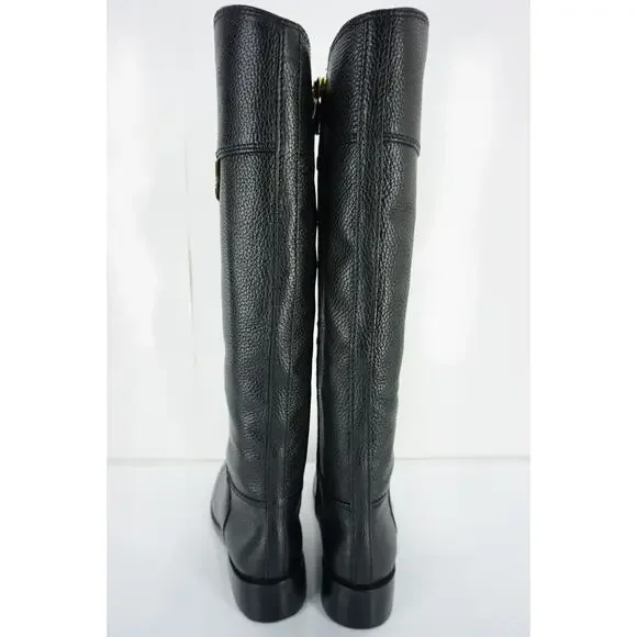Tory Burch Joanna Black Leather Gold Logo Riding Boots Size 5.5 Heels NIB $495